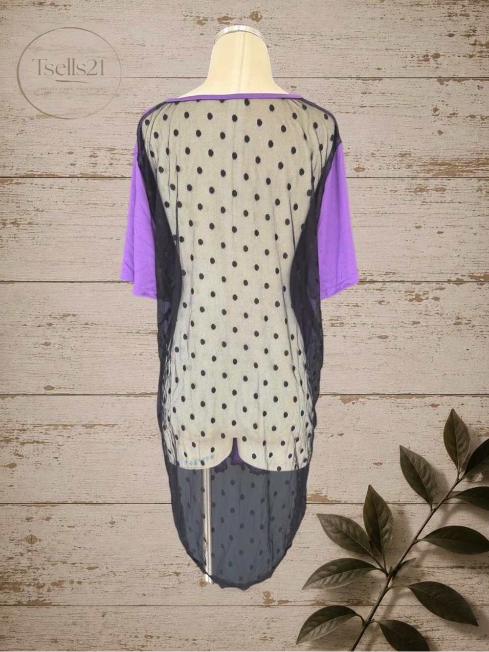 Purple Short Sleeve T-Shirt with Sheer Black Polka Dot Mesh Back - Size 2XL